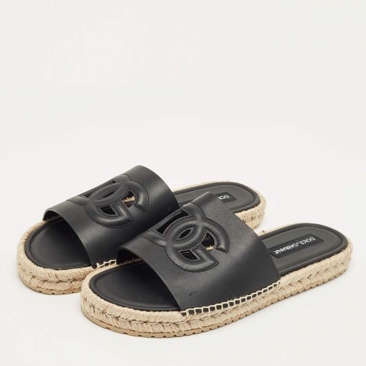 Pre Owned Dolce & Gabbana Black Leather Espadrille Flat Slides Size 45    