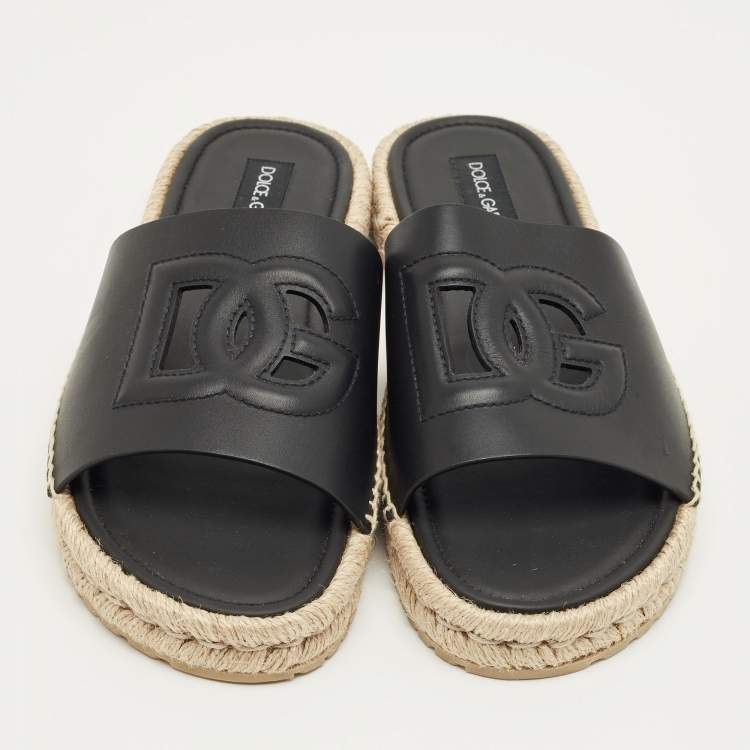 Pre Owned Dolce & Gabbana Black Leather Espadrille Flat Slides Size 45    