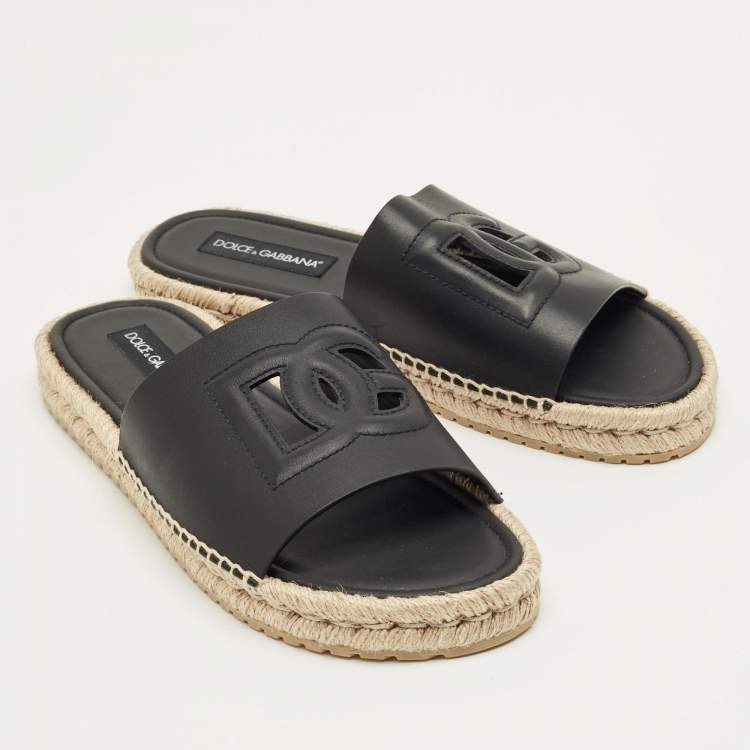 Pre Owned Dolce & Gabbana Black Leather Espadrille Flat Slides Size 45    