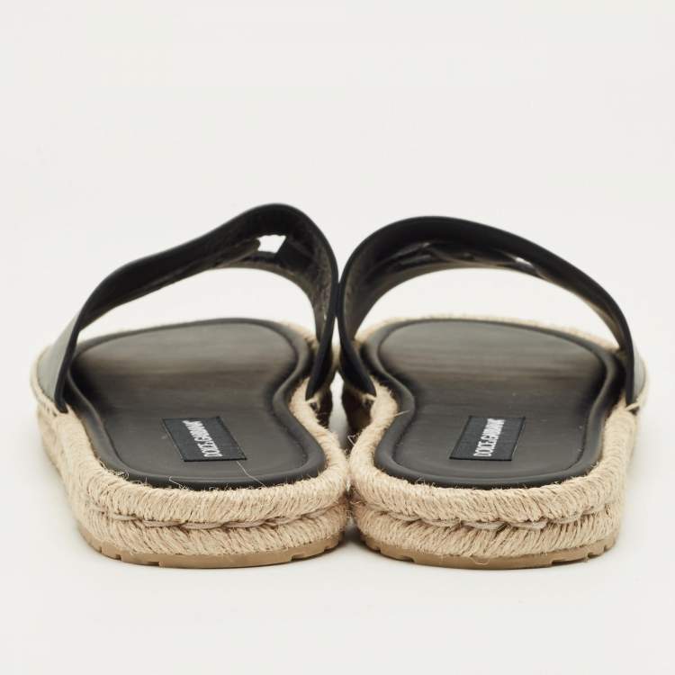 Pre Owned Dolce & Gabbana Black Leather Espadrille Flat Slides Size 45    