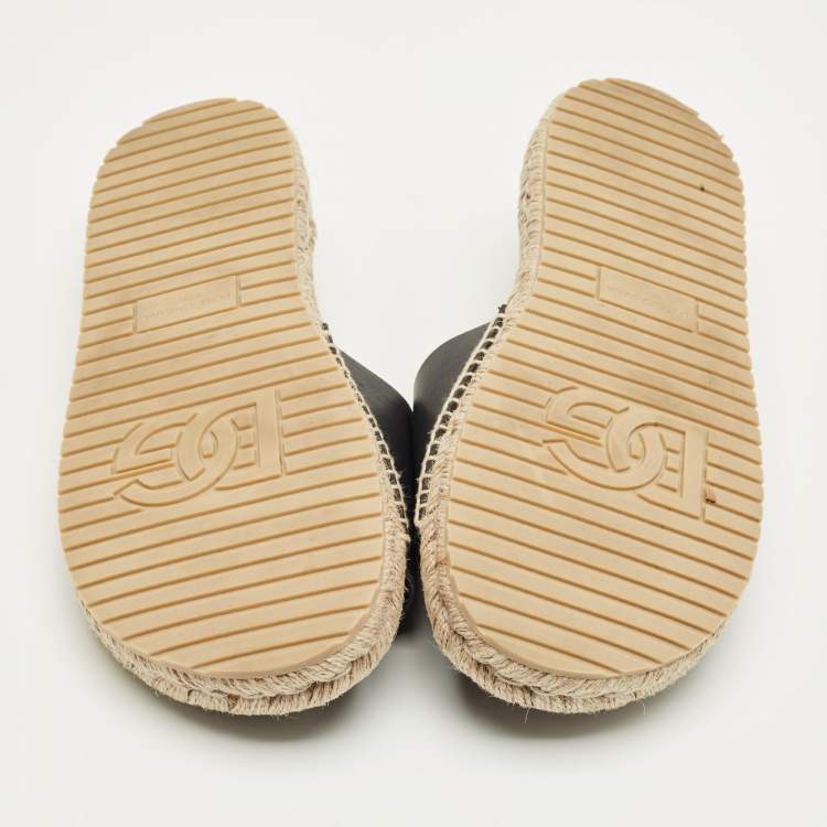 Pre Owned Dolce & Gabbana Black Leather Espadrille Flat Slides Size 45    