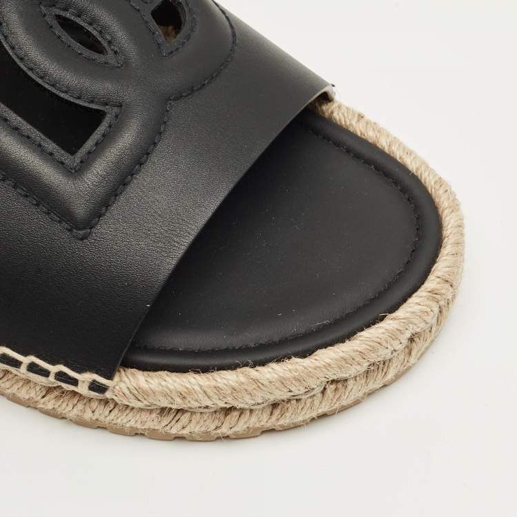 Pre Owned Dolce & Gabbana Black Leather Espadrille Flat Slides Size 45    