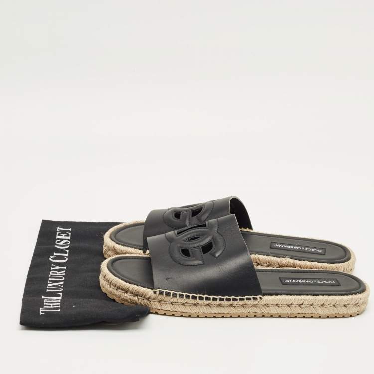 Pre Owned Dolce & Gabbana Black Leather Espadrille Flat Slides Size 45    