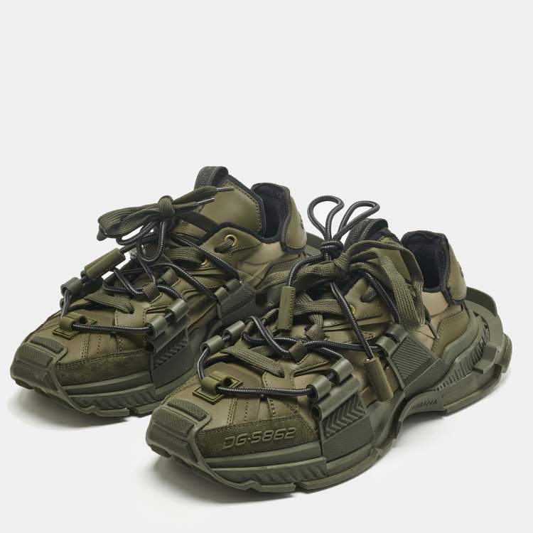 Pre Owned Dolce & Gabbana Green Leather and Nylon Space Lace Up Sneakers Size 40