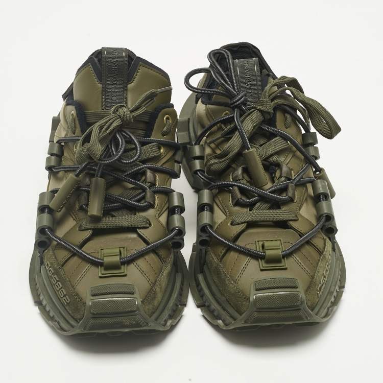 Pre Owned Dolce & Gabbana Green Leather and Nylon Space Lace Up Sneakers Size 40
