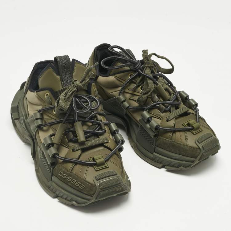 Pre Owned Dolce & Gabbana Green Leather and Nylon Space Lace Up Sneakers Size 40