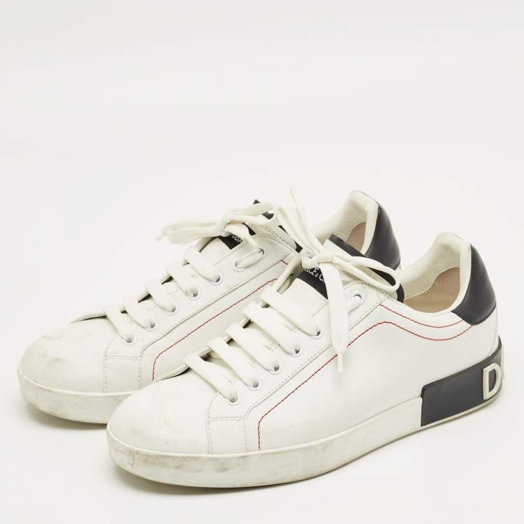 مملوكة مسبقًا Dolce & Gabbana White/Black Leather Portofino Low Top Sneakers Size 42.5