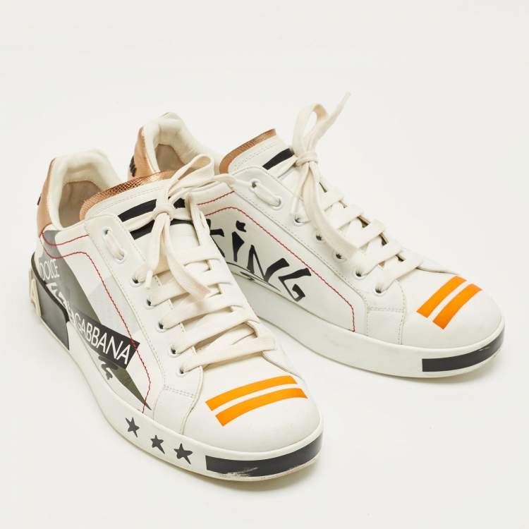 Pre Owned Dolce & Gabbana White Leather King Angels Portofino Low top Sneakers Size 43