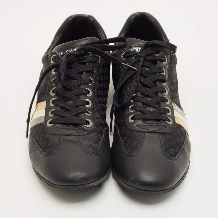 Pre Owned Dolce & Gabbana DG Logo Size 45 Black Leather, Nylon and Patent Leather Lace Up Sneakers