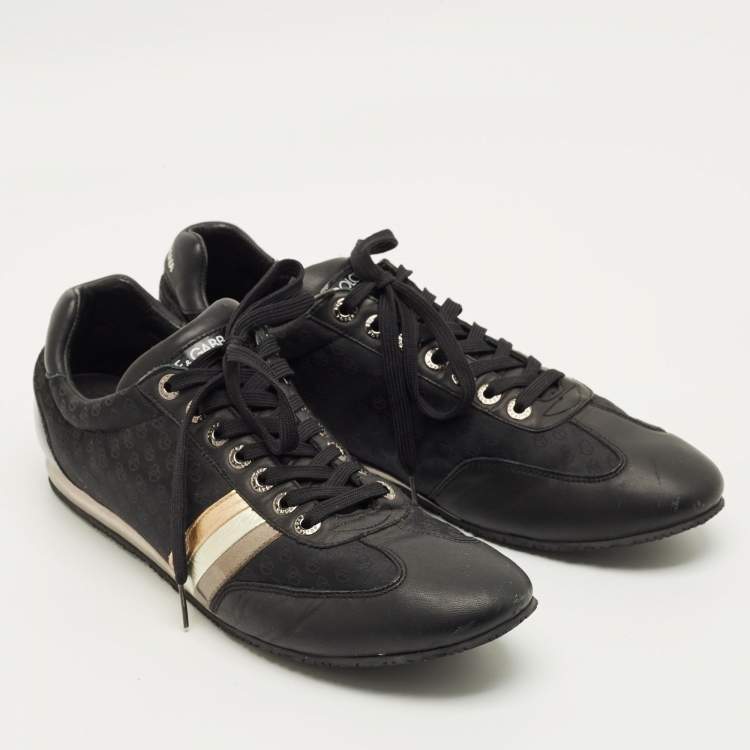 Pre Owned Dolce & Gabbana DG Logo Size 45 Black Leather, Nylon and Patent Leather Lace Up Sneakers