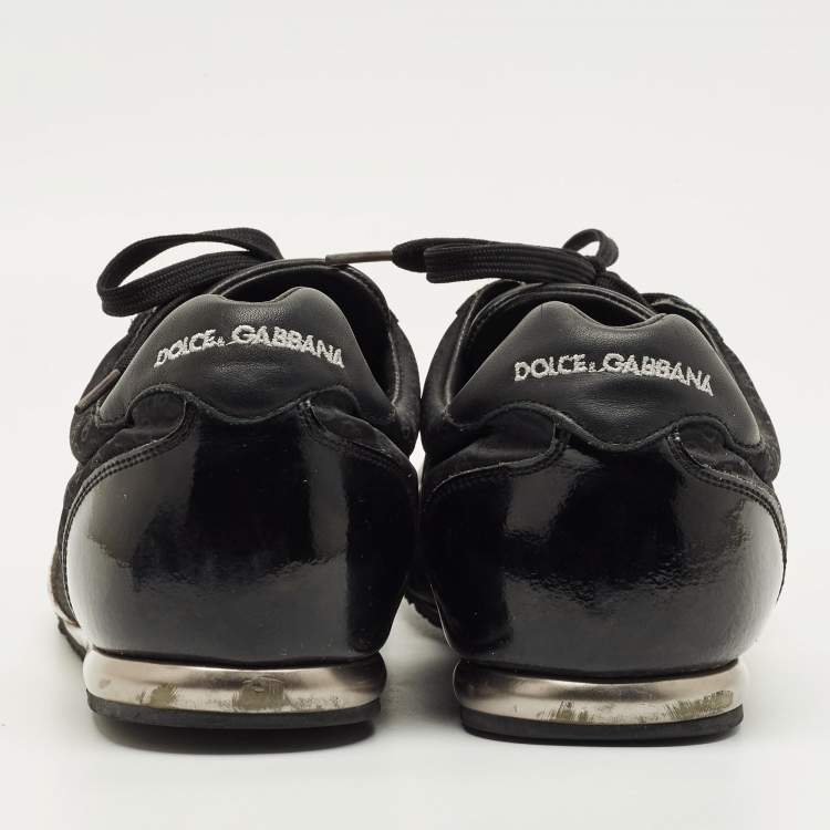 Pre Owned Dolce & Gabbana DG Logo Size 45 Black Leather, Nylon and Patent Leather Lace Up Sneakers