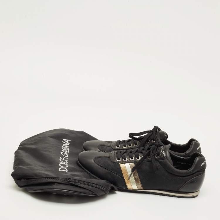 Pre Owned Dolce & Gabbana DG Logo Size 45 Black Leather, Nylon and Patent Leather Lace Up Sneakers