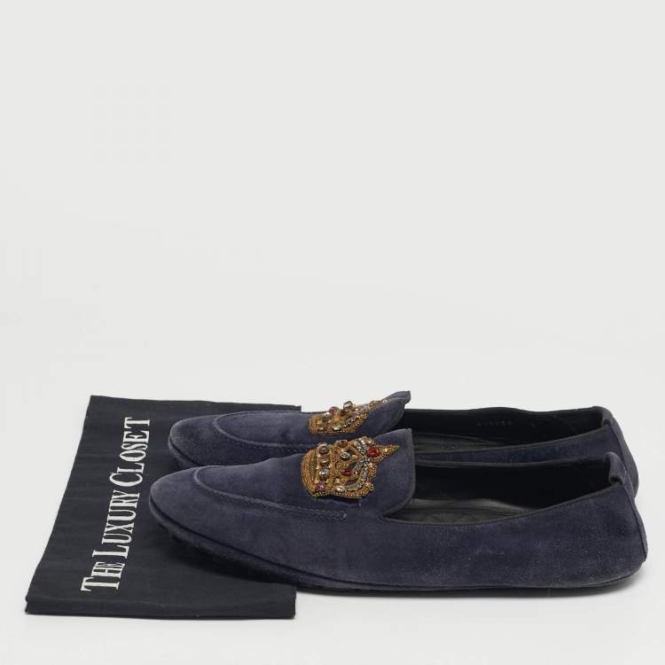 Pre Owned Dolce & Gabbana Size 43 Navy Blue Suede Crystal Baroque Crown Loafers