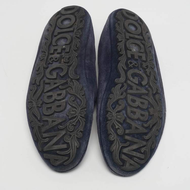 Pre Owned Dolce & Gabbana Size 43 Navy Blue Suede Crystal Baroque Crown Loafers