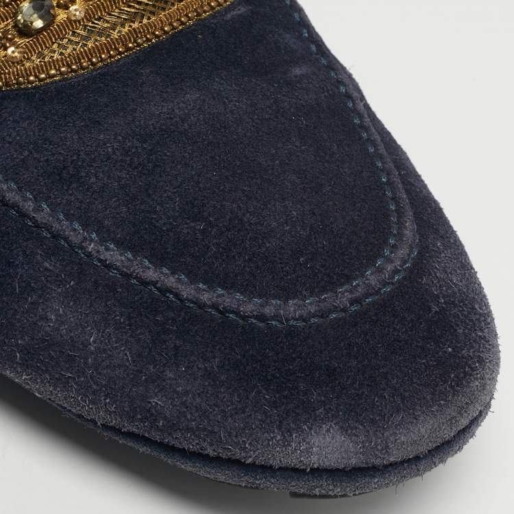 Pre Owned Dolce & Gabbana Size 43 Navy Blue Suede Crystal Baroque Crown Loafers