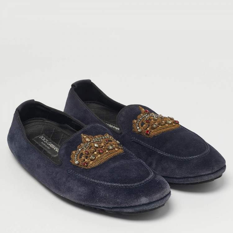Pre Owned Dolce & Gabbana Size 43 Navy Blue Suede Crystal Baroque Crown Loafers