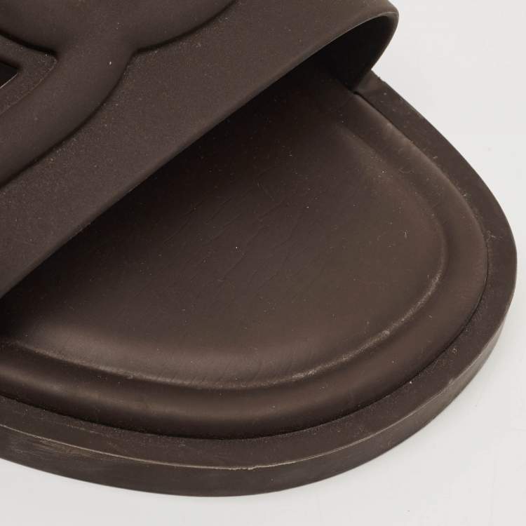 Pre Owned Dolce & Gabbana Size 44 Dark Brown Rubber DG Logo Flat Slide