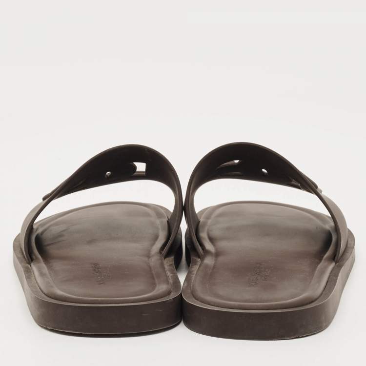 Pre Owned Dolce & Gabbana Size 44 Dark Brown Rubber DG Logo Flat Slide