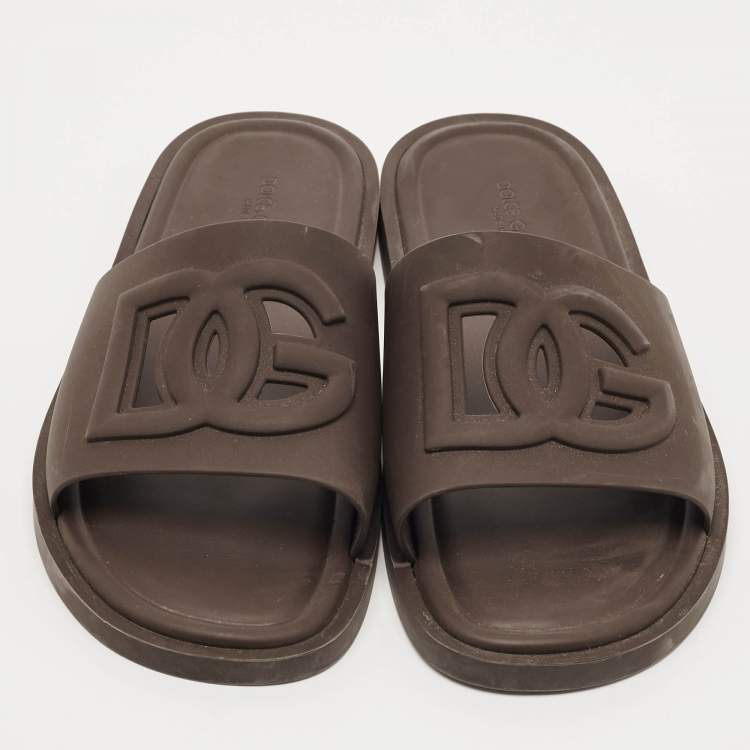 Pre Owned Dolce & Gabbana Size 44 Dark Brown Rubber DG Logo Flat Slide