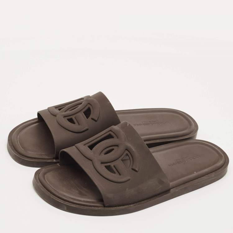 Pre Owned Dolce & Gabbana Size 44 Dark Brown Rubber DG Logo Flat Slide