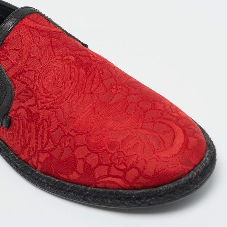 مملوكة مسبقًا Dolce & Gabbana Size 40 Red Brocade Fabric and Leather Slip On Espadrille