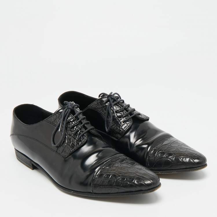Pre Owned Dolce & Gabbana Size 42 Black Crocodile Leather and Patent Leather Lace Up Derby