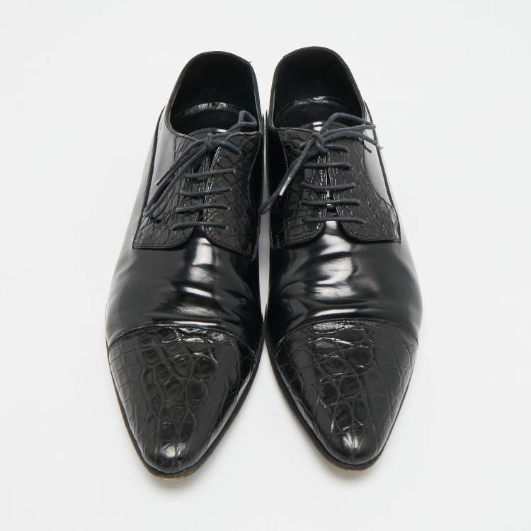 Pre Owned Dolce & Gabbana Size 42 Black Crocodile Leather and Patent Leather Lace Up Derby