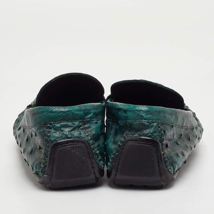 Pre Owned Dolce & Gabbana Size 41 Dark Green Ostrich Leather Slip On Loafers