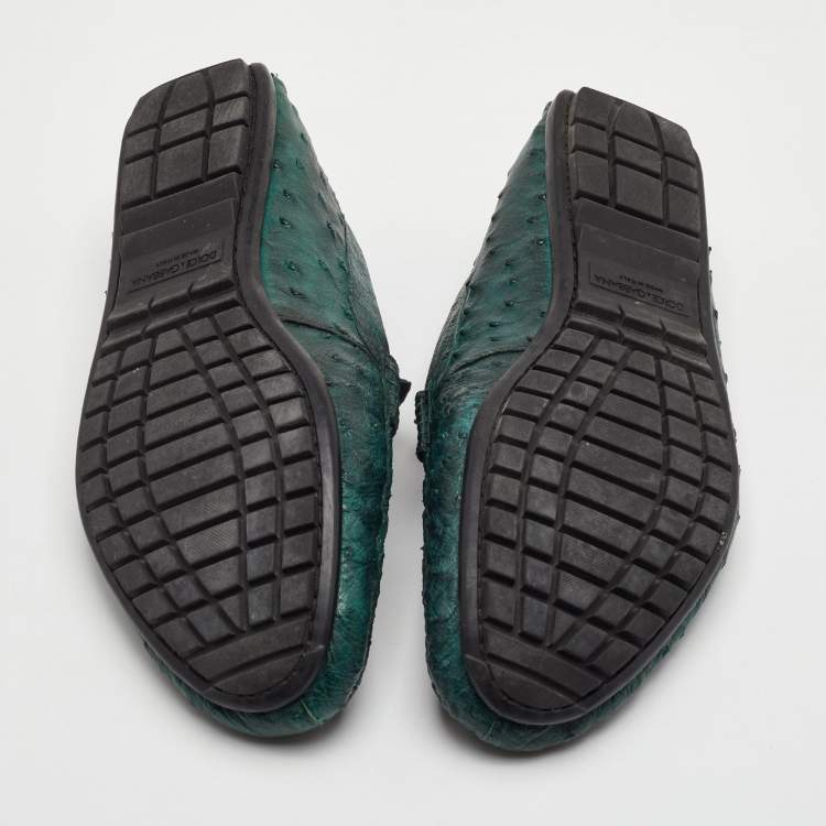 Pre Owned Dolce & Gabbana Size 41 Dark Green Ostrich Leather Slip On Loafers