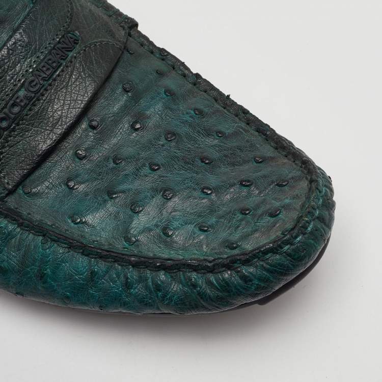 Pre Owned Dolce & Gabbana Size 41 Dark Green Ostrich Leather Slip On Loafers