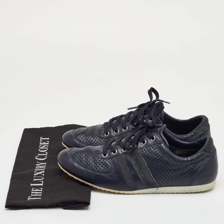 Pre Owned Dolce & Gabbana Size 42 Navy Blue Perforated Leather and Suede Low Top Sneakers