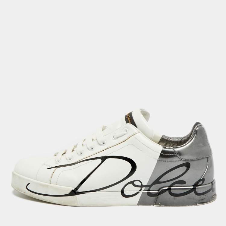 Pre Owned Dolce & Gabbana Portofino Size 45 White/Black Leather Lace Up Sneakers
