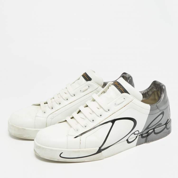 Pre Owned Dolce & Gabbana Portofino Size 45 White/Black Leather Lace Up Sneakers