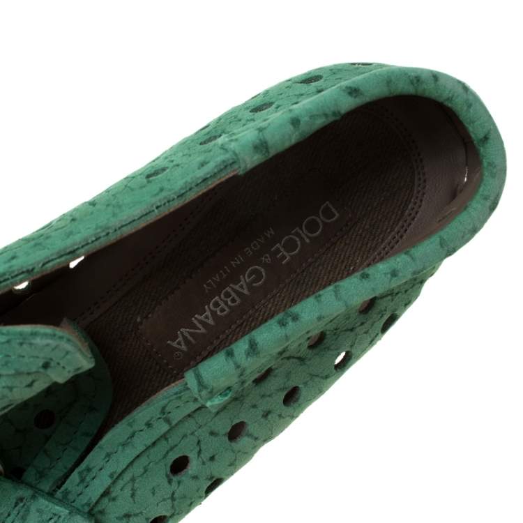 Pre Owned Dolce & Gabbana Green Perforated Nubuck Slip On Loafers Size 42