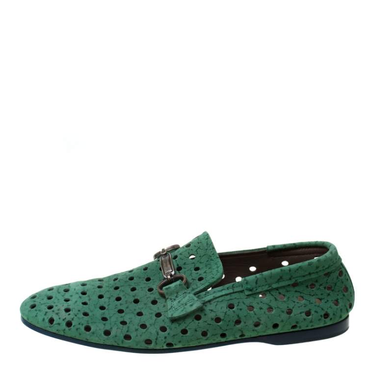 Pre Owned Dolce & Gabbana Green Perforated Nubuck Slip On Loafers Size 42