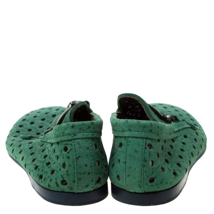 Pre Owned Dolce & Gabbana Green Perforated Nubuck Slip On Loafers Size 42