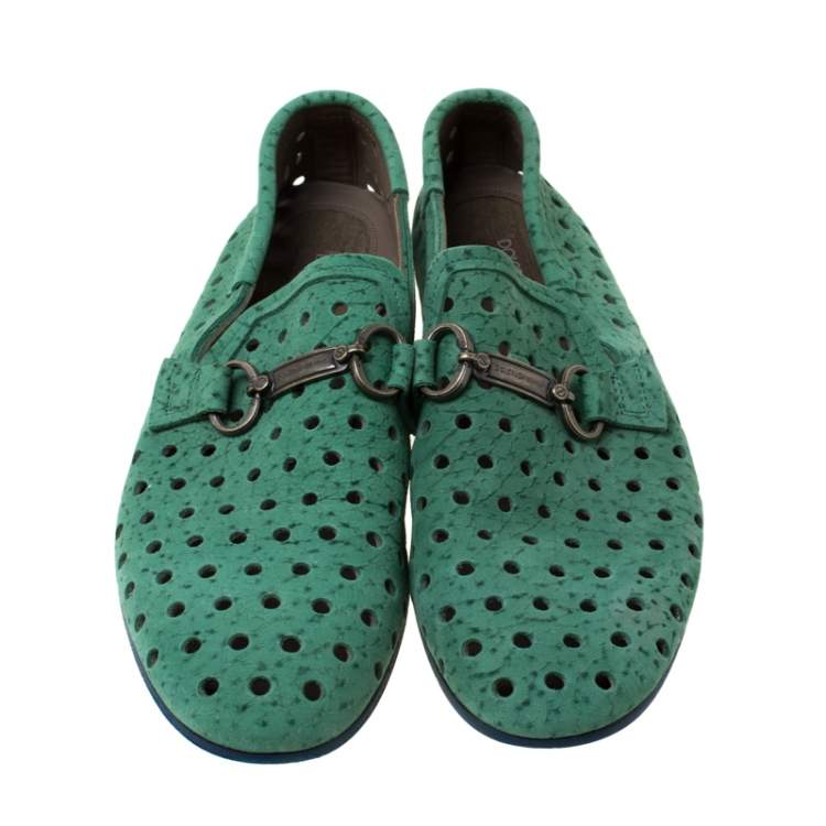 Pre Owned Dolce & Gabbana Green Perforated Nubuck Slip On Loafers Size 42