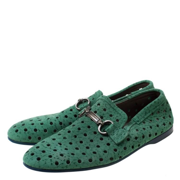 Pre Owned Dolce & Gabbana Green Perforated Nubuck Slip On Loafers Size 42