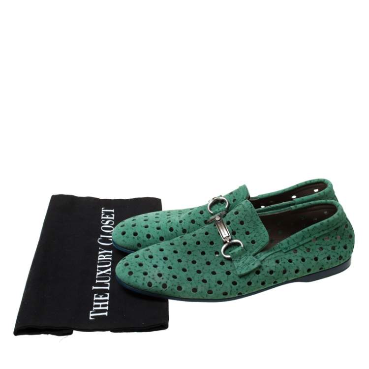 Pre Owned Dolce & Gabbana Green Perforated Nubuck Slip On Loafers Size 42