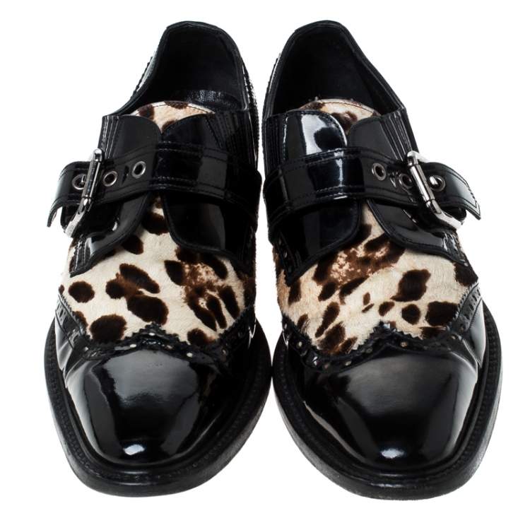 Pre Owned Dolce & Gabbana Black Patent Leather And Leopard Print Pony Hair Monk Strap Derby Size 41