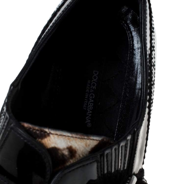 Pre Owned Dolce & Gabbana Black Patent Leather And Leopard Print Pony Hair Monk Strap Derby Size 41