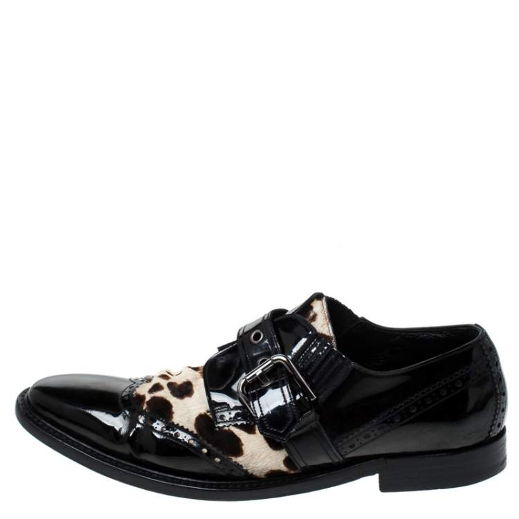 Pre Owned Dolce & Gabbana Black Patent Leather And Leopard Print Pony Hair Monk Strap Derby Size 41