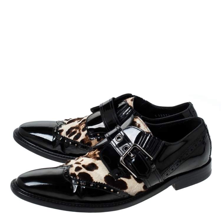 Pre Owned Dolce & Gabbana Black Patent Leather And Leopard Print Pony Hair Monk Strap Derby Size 41