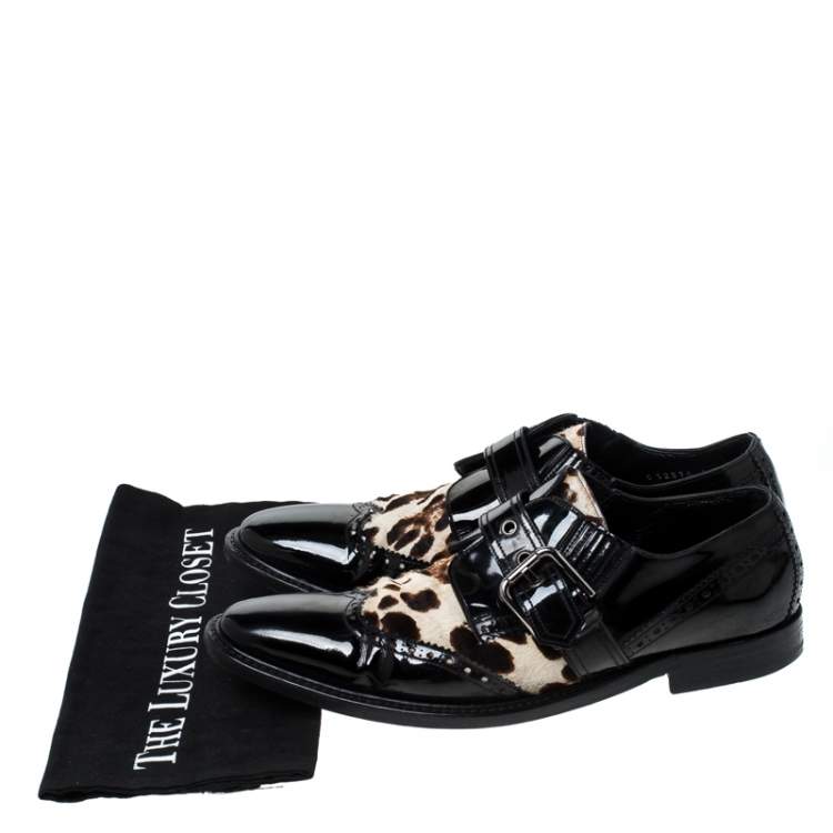 Pre Owned Dolce & Gabbana Black Patent Leather And Leopard Print Pony Hair Monk Strap Derby Size 41