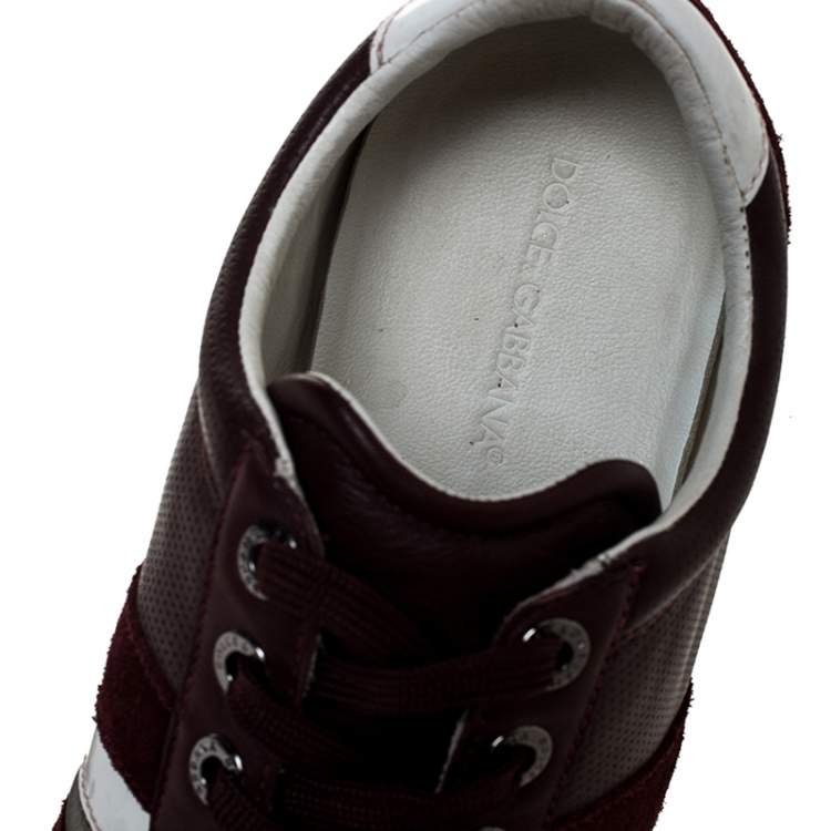 Pre Owned Dolce & Gabbana Burgundy Leather and Suede Metal Logo Sneakers Size 43.5