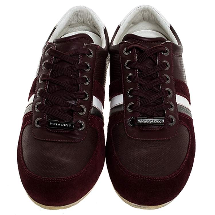 Pre Owned Dolce & Gabbana Burgundy Leather and Suede Metal Logo Sneakers Size 43.5