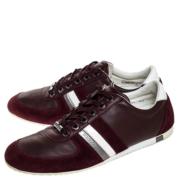 Pre Owned Dolce & Gabbana Burgundy Leather and Suede Metal Logo Sneakers Size 43.5