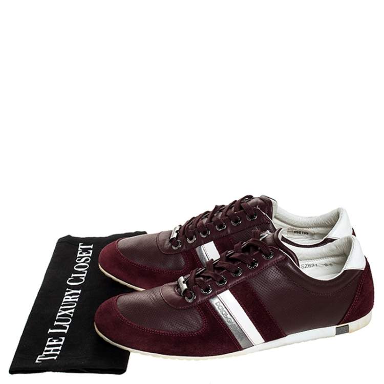 Pre Owned Dolce & Gabbana Burgundy Leather and Suede Metal Logo Sneakers Size 43.5