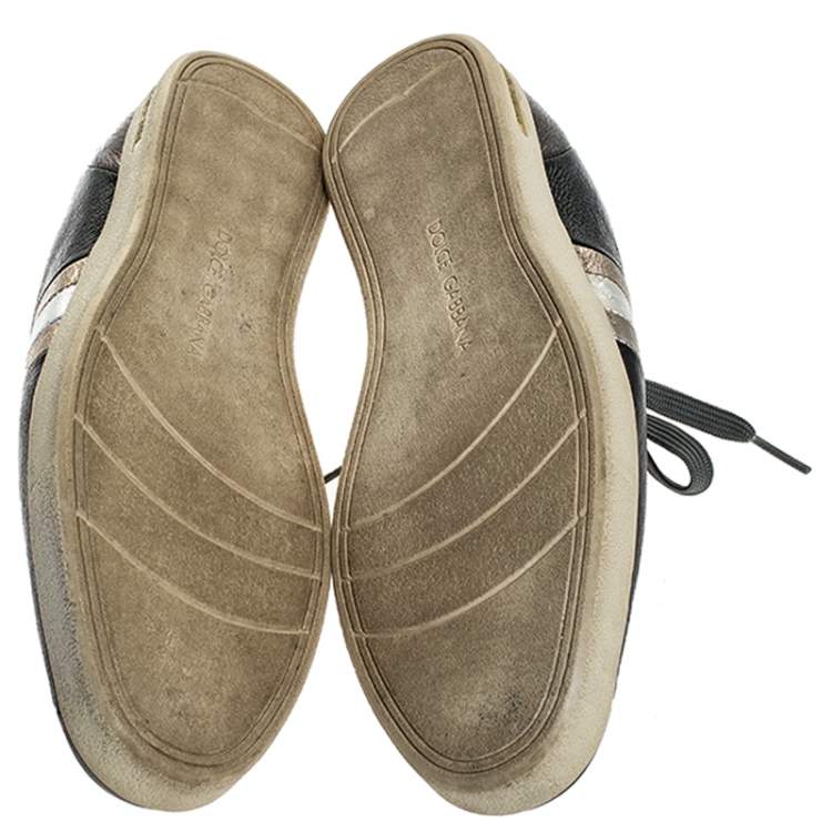 Pre Owned Dolce & Gabbana Metallic Black/Grey Leather Striped Lace Up Sneakers Size 40