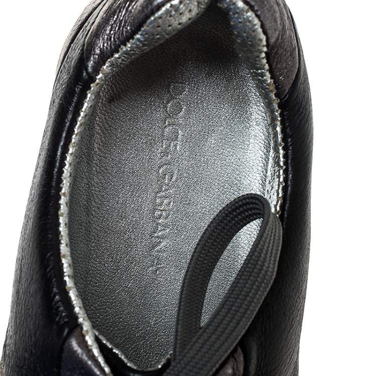 Pre Owned Dolce & Gabbana Metallic Black/Grey Leather Striped Lace Up Sneakers Size 40